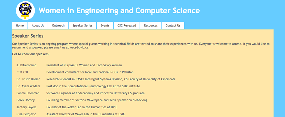 Screen grab of the WECS website at UVic